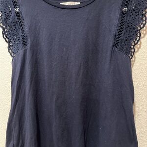 Women's Loft Navy Lace Sleeve Top